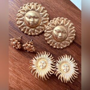 Lot of 3 Avon Aztec Gold Sun Face Earrings Clip On Pierced VTG Stud Gold Tone